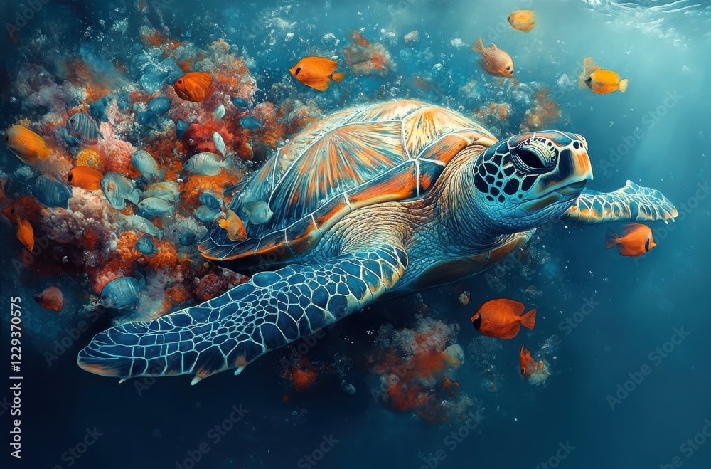 Fototapeta premium Graceful sea turtle gliding through vibrant coral reef with colorful fish swimming in clear blue ocean water, showcasing underwater ecosystem and marine life.