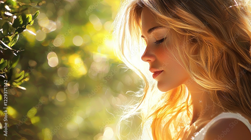 Fototapeta premium Golden Hour Beauty: A Woman's Serene Profile in Sunlight
