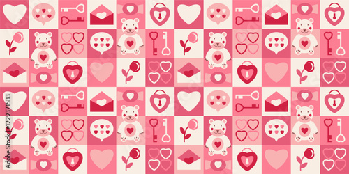 Love geometric seamless pattern. Trendy minimalist neo geo cover design in flat style. Valentine's day heart, bear, sweets simple shapes icons make mosaic endless background for sale banner print