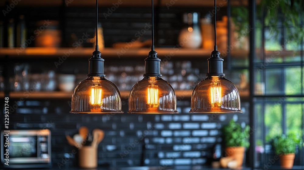 Obraz premium Industrial kitchen pendant lights illuminate