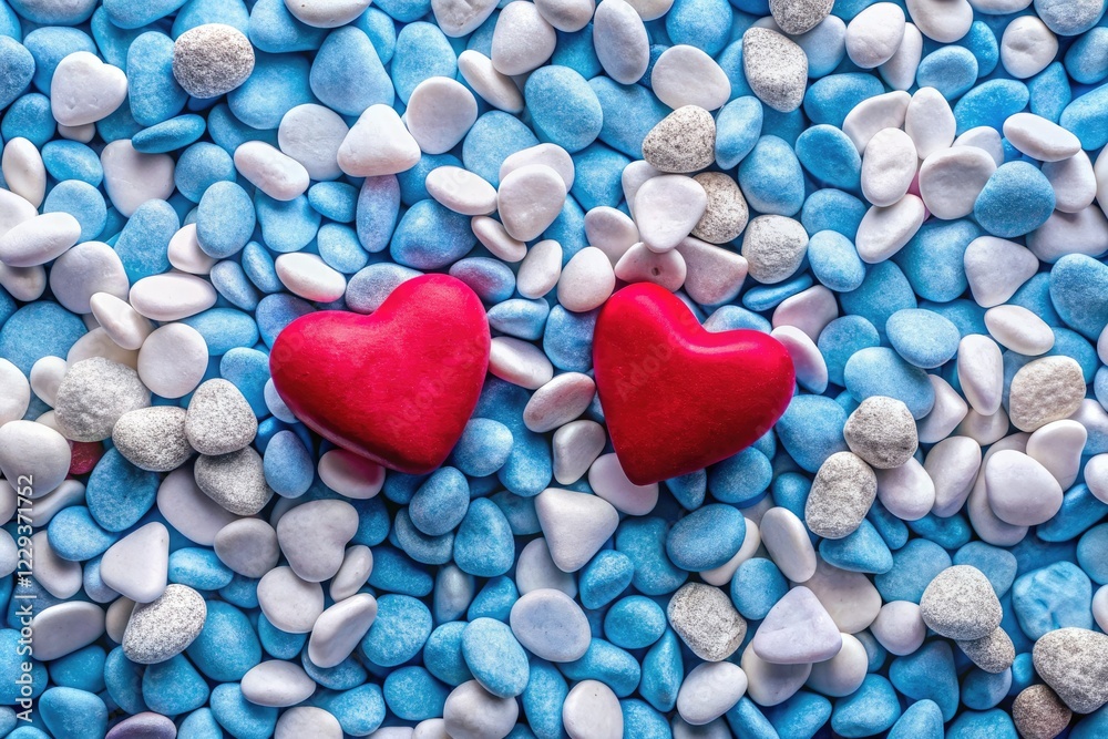 High-resolution panoramic image: blue backdrop, pink and white pebbles scattered amongst red paper hearts. High-resolution panoramic image: blue backdrop, pink and white pebbles scattered amongst red paper hearts.