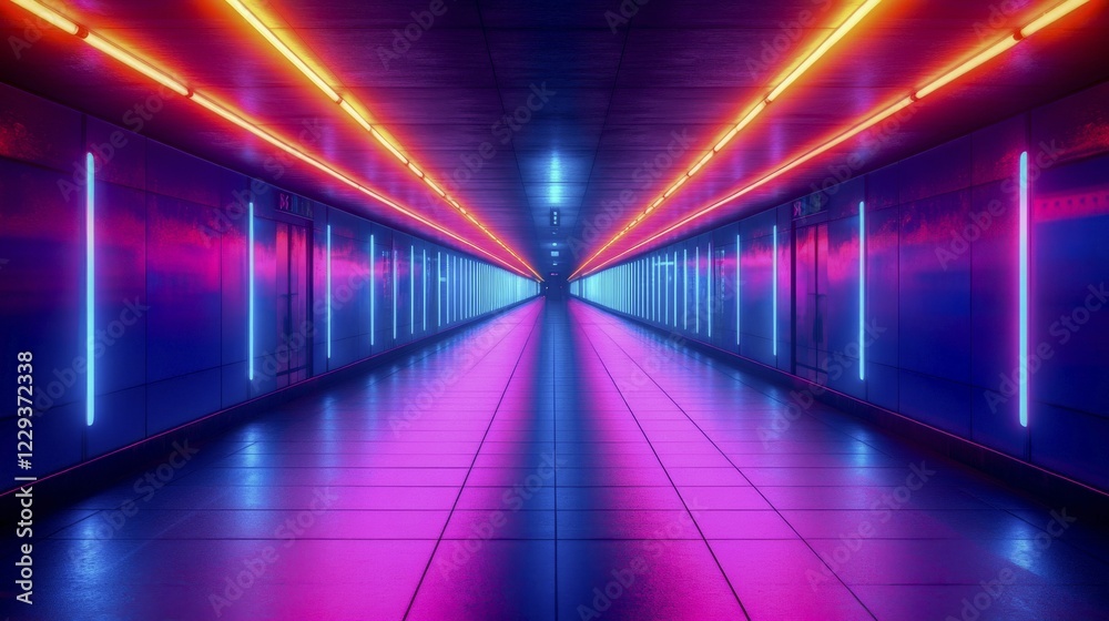 Futuristic tunnel with neon lights creating a symmetrical and vibrant atmosphere, AI generated Futuristic tunnel with neon lights creating a symmetrical and vibrant atmosphere, AI generated