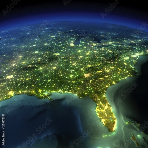 Fototapeta Naklejka Na Ścianę i Meble -  Highly detailed Earth, illuminated by moonlight. The glow of cities sheds light on the detailed exaggerated terrain and translucent water of the oceans. Elements of this image furnished by NASA