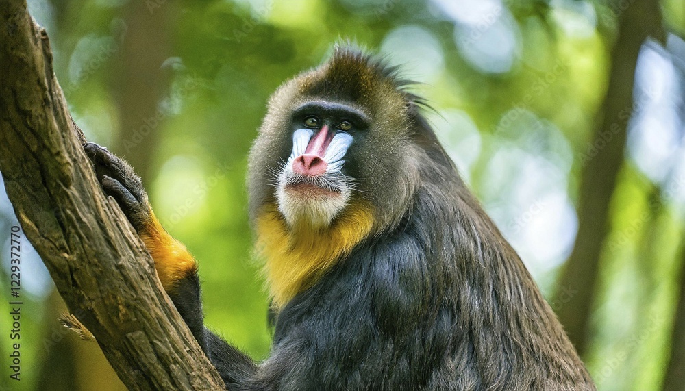 Fototapeta premium AI generated, animal, animals, mammal, mammals, biotope, habitat, a, individual, foraging, wildlife, mandrill (Mandrillus sphinx), climbs, tree