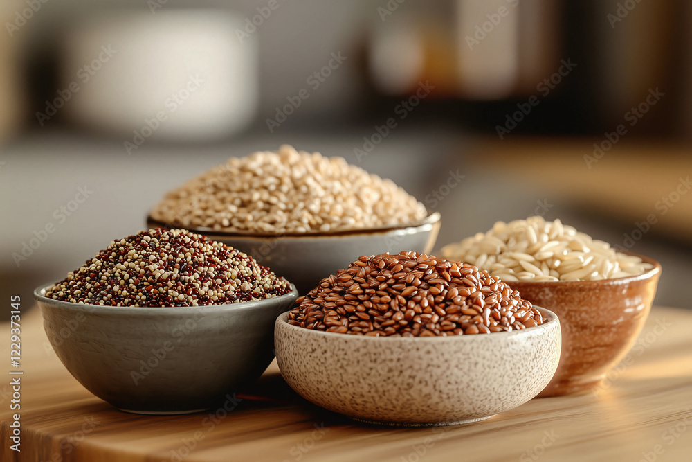 Assorted grains and seeds in bowls on a wooden surface in a cozy kitchen setting Assorted grains and seeds in bowls on a wooden surface in a cozy kitchen setting