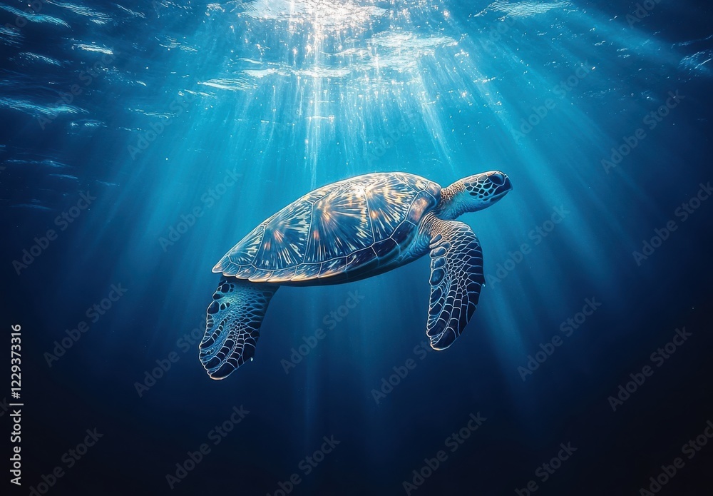 Fototapeta premium Graceful Sea Turtle Swimming in Crystal Clear Ocean Water Beneath Stunning Sunlight Rays Shining Through the Surface