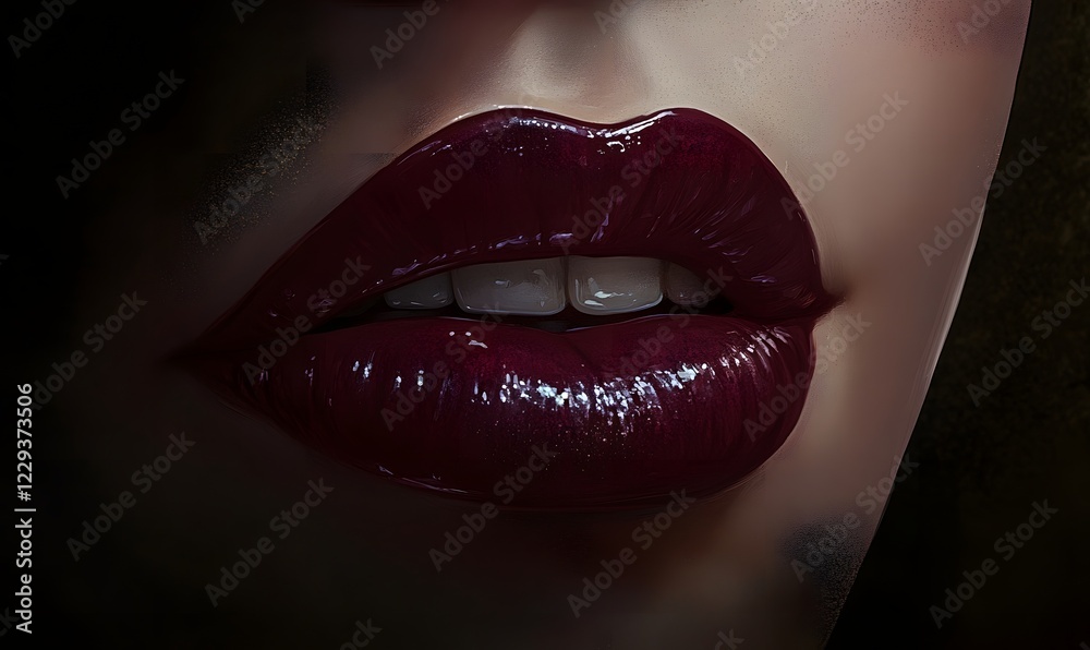 Obraz premium Close-up glossy dark-red lips, smudged background, beauty ad