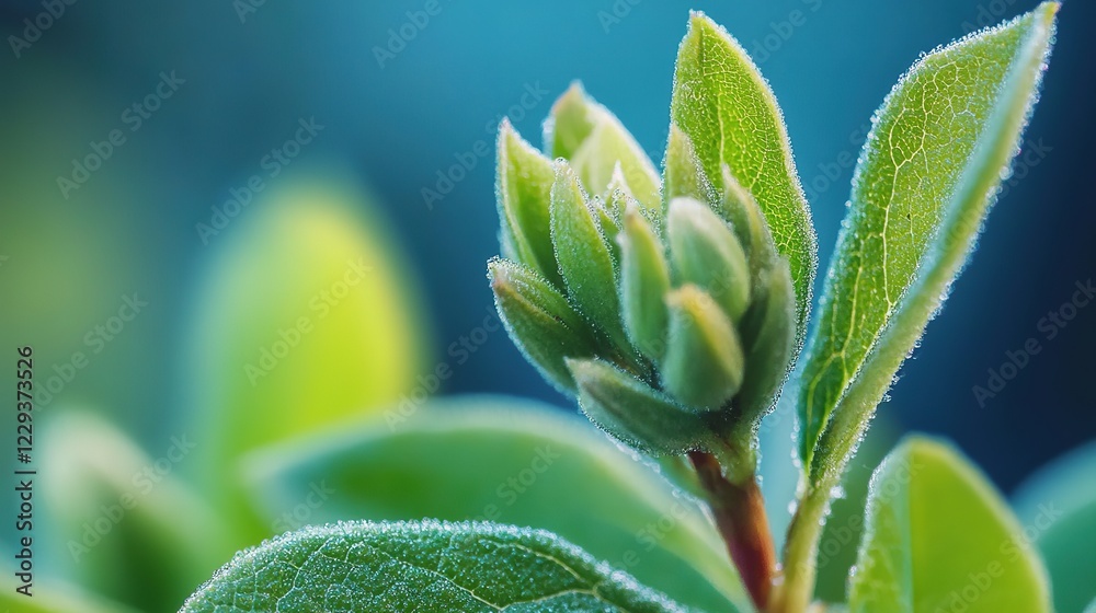 Flower opening close up, macro shot of spring flowers, blue and green summer background, Natural green leaves are used as cover page Flower opening close up, macro shot of spring flowers, blue and green summer background, Natural green leaves are used as cover page