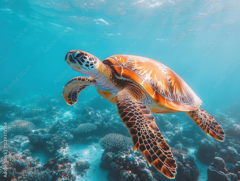 Obraz premium Graceful Sea Turtle Swimming in Crystal Clear Tropical Waters Over Vibrant Coral Reef Surrounded by Sunlight and Marine Life