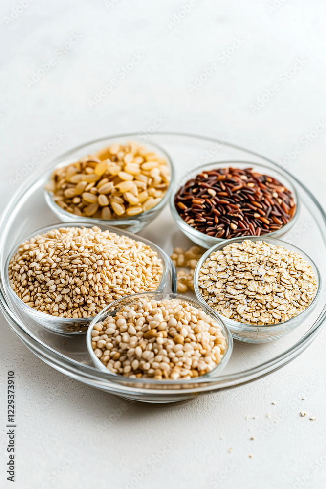 Variety of grains and seeds displayed in glass bowls on a white surface for healthy cooking and nutrition Variety of grains and seeds displayed in glass bowls on a white surface for healthy cooking and nutrition