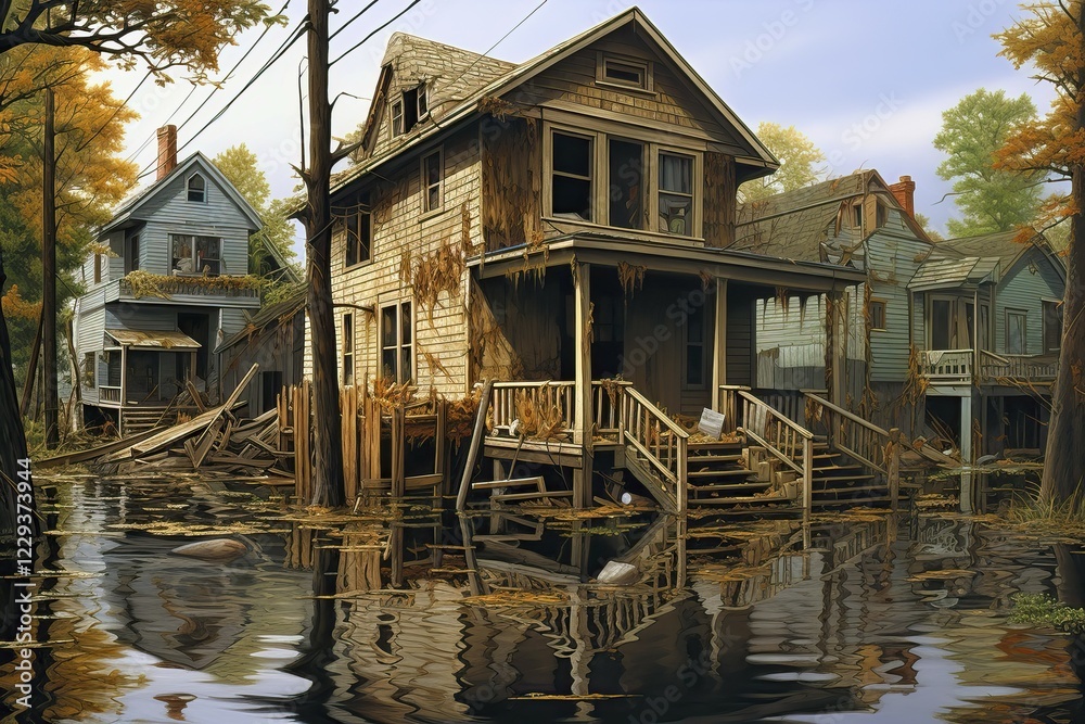 Obraz premium Devastated city after a flood, AI Generated, AI generated