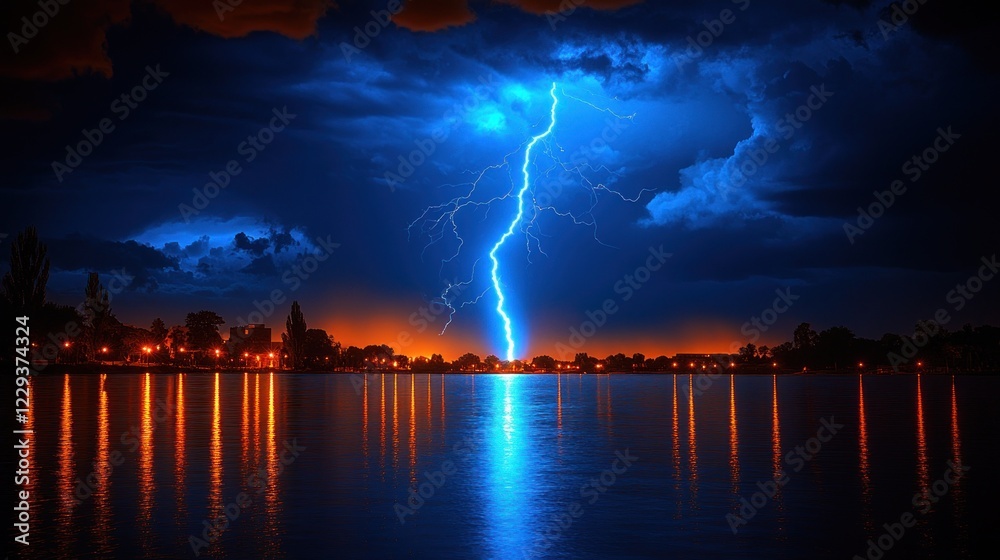 Naklejka premium Lake Storm, Lightning Strike, Night, City Reflection
