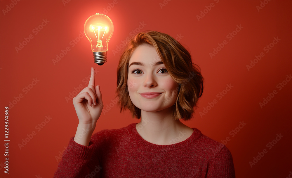 Eine junge Frau vor rotem Hintergrund hat eine Idee zur Lösung eines Problems. Eine leuchtende Glühbirne über ihrem Kopf symbolisiert diesen Einfall. Eine junge Frau vor rotem Hintergrund hat eine Idee zur Lösung eines Problems. Eine leuchtende Glühbirne über ihrem Kopf symbolisiert diesen Einfall.