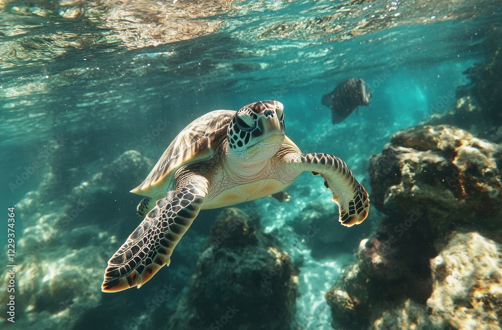Obraz premium Graceful sea turtle swimming in crystal-clear ocean water surrounded by vibrant coral and rocky formations in a peaceful underwater environment
