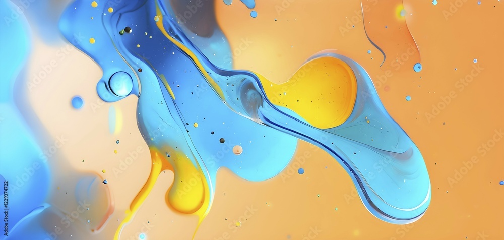 Abstract wallpaper with colorful turquoise and yellow blobs and liquid shapes on a orange background, AI generated Abstract wallpaper with colorful turquoise and yellow blobs and liquid shapes on a orange background, AI generated