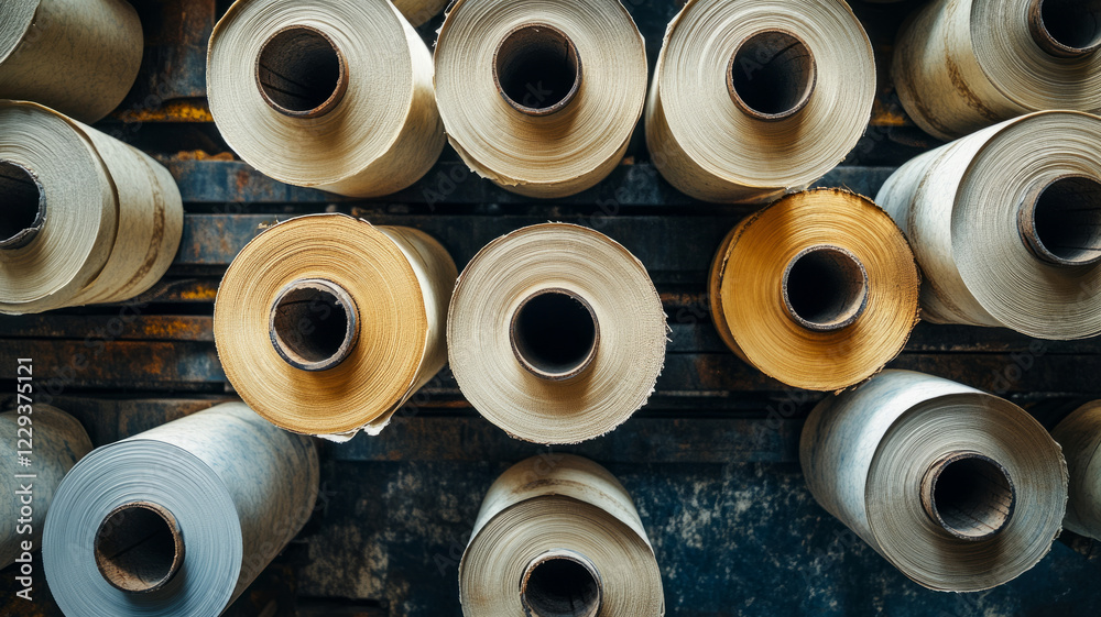 Multiple paper rolls viewed from above in a factory setting. Multiple paper rolls viewed from above in a factory setting.