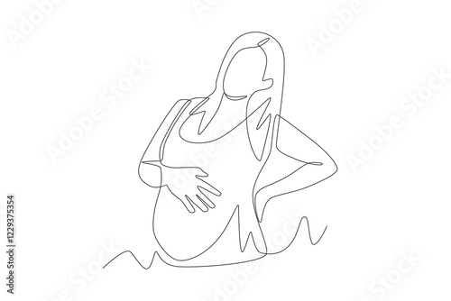 Pregnant women feel pain in the stomach. Pregnant women getting ready for baby concept one-line drawing