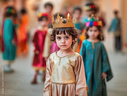 Young child in crown stands out in colorful Purim celebration, s photo