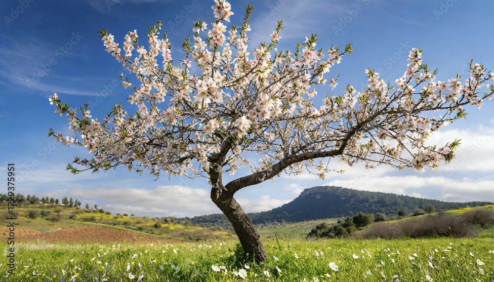 KI generated, A single almond tree in bloom in Majorca, Balearic Islands, Spain, Europe KI generated, A single almond tree in bloom in Majorca, Balearic Islands, Spain, Europe
