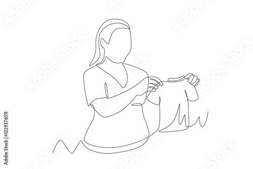 Pregnant mother prepares baby clothes. Pregnant women getting ready for baby concept one-line drawing