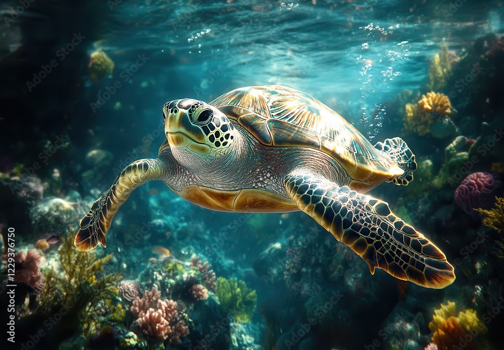 Fototapeta premium Graceful sea turtle swimming through vibrant coral reef in crystal clear ocean waters, showcasing marine life and underwater beauty