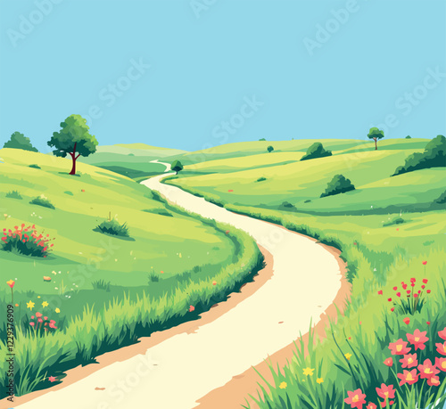 Serene path winding through lush green hills
