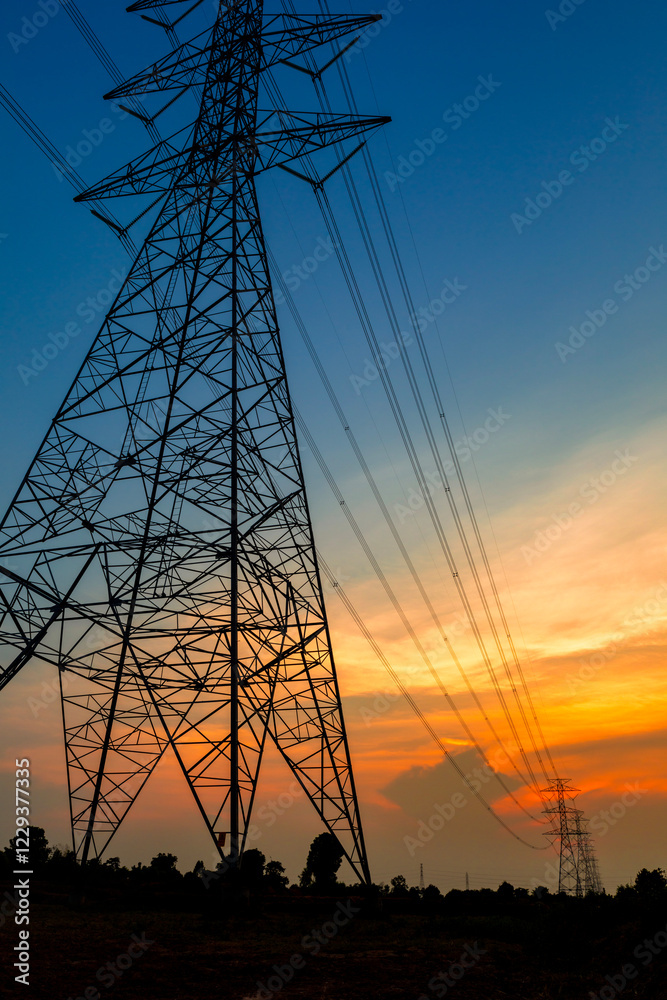 Fototapeta premium Electricity transmission pylon. high-voltage power lines. high voltage post during sunset time