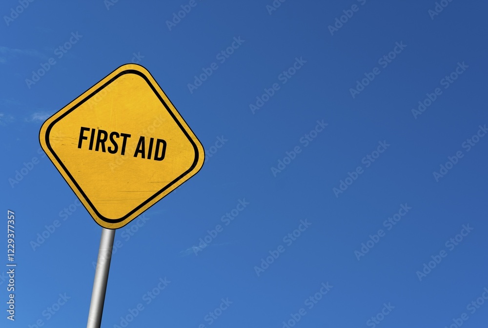 First aid, yellow sign with blue sky First aid, yellow sign with blue sky