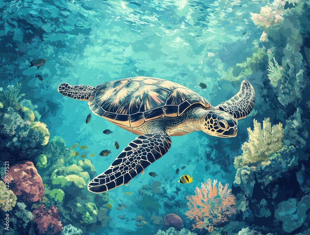 Fototapeta premium Graceful Sea Turtle Swimming Through Vibrant Coral Reef with Colorful Fish in Clear Blue Ocean Water Beneath Sunlit Surface
