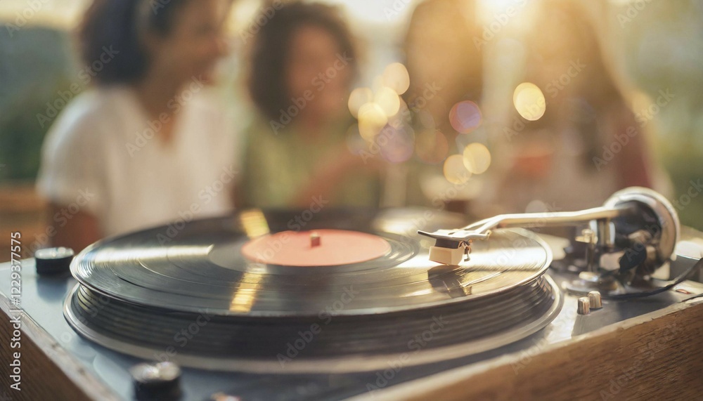 Obraz premium Friends enjoy drinks vinyl record playing together in cozy setting at sunset, bokeh effect ai generated, AI generated