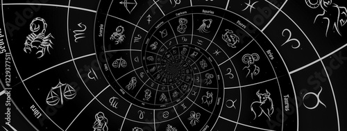 Astrological background with zodiac signs and symbol, black