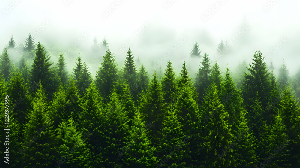 Fototapeta premium Green maritime pine forest, misty and layered, viewed from a distance with a top-down