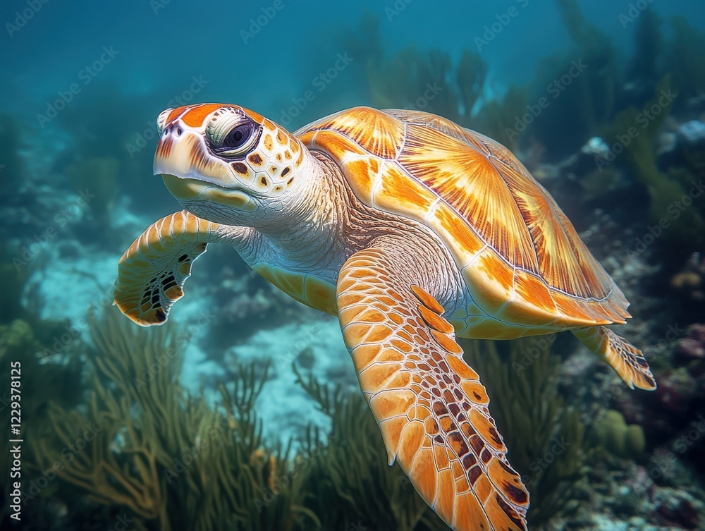 Fototapeta premium Graceful Sea Turtle Swimming Underwater in Clear Tropical Ocean with Vibrant Coral Reefs and Marine Life in the Background
