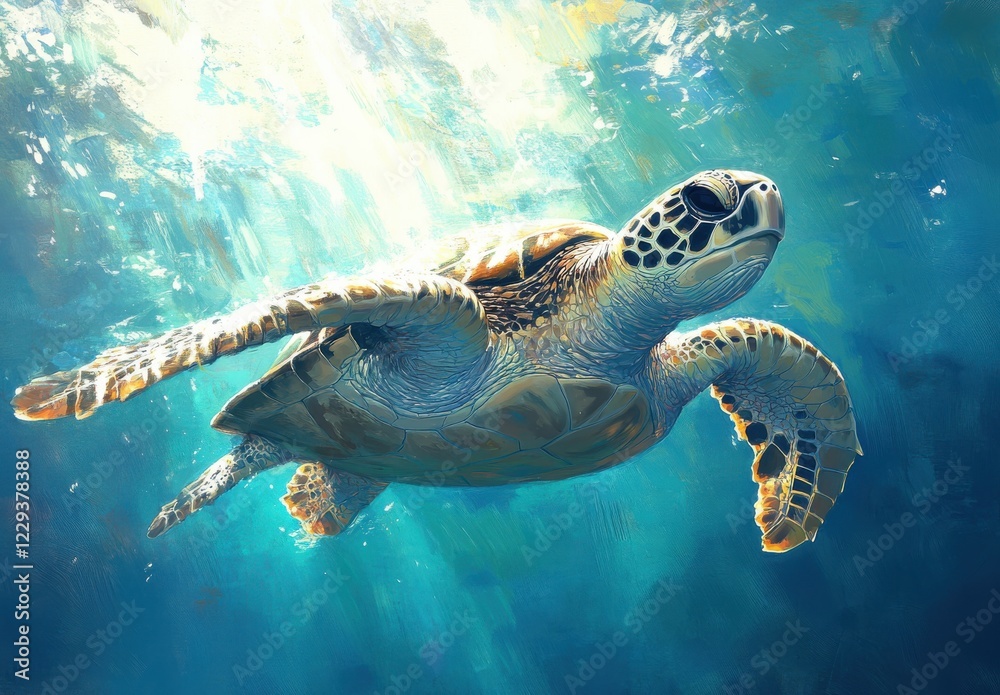 Obraz premium Graceful Sea Turtle Swimming Underwater in Crystal Clear Ocean with Rays of Sunlight Creating a Beautiful Blue Background