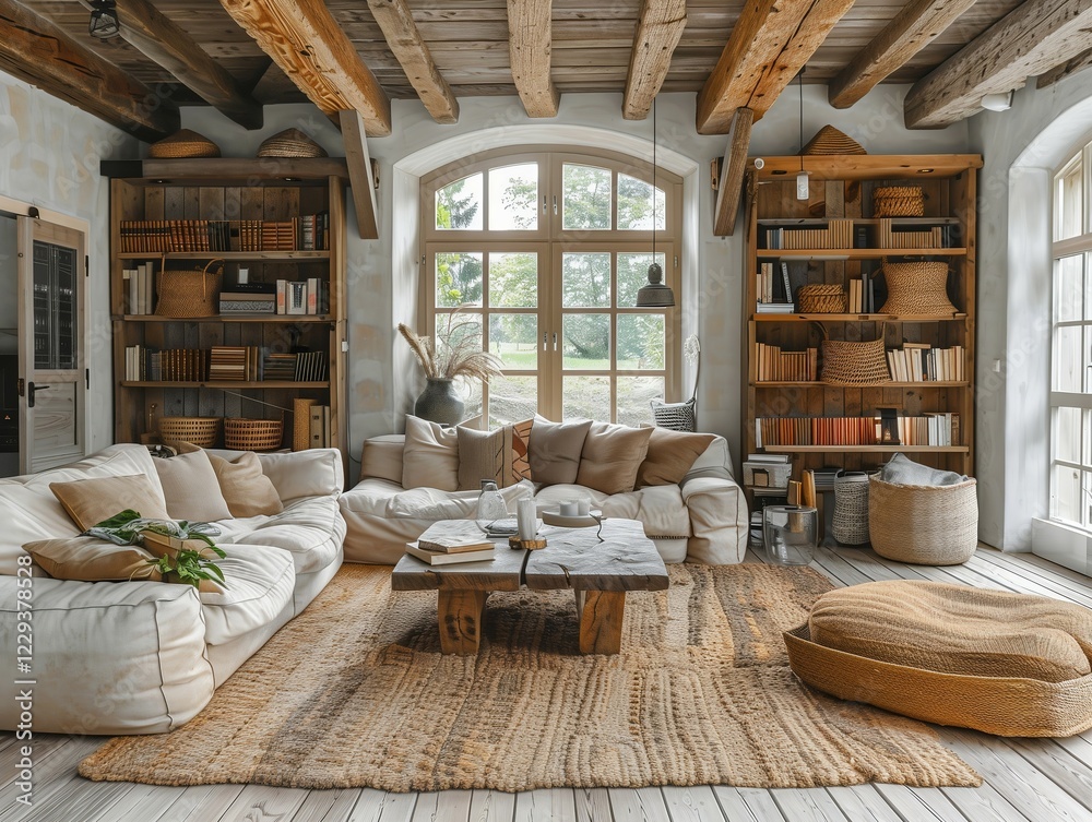Naklejka premium Modern living space of a country house in the style of Scandinavian minimalism and luxury minimalism. AI generated, AI generated