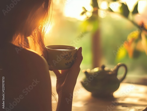 Enjoying tea while basking in the warm glow of a sunset in a cozy setting
