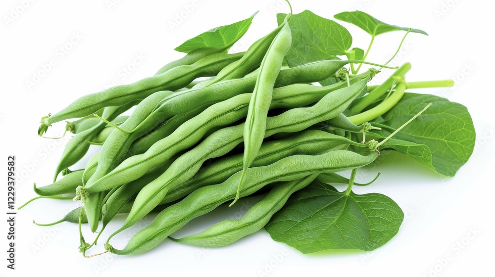 Fresh green beans with leaves isolated on a white background, AI generated Fresh green beans with leaves isolated on a white background, AI generated