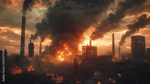 Dark smoke filling the sky from an industrial explosion, fiery debris scattered across the scene  