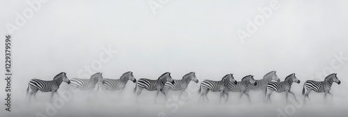 An artistic portrayal of zebra herds in a vast African savannah, creating striking contrasts of black and white stripes,