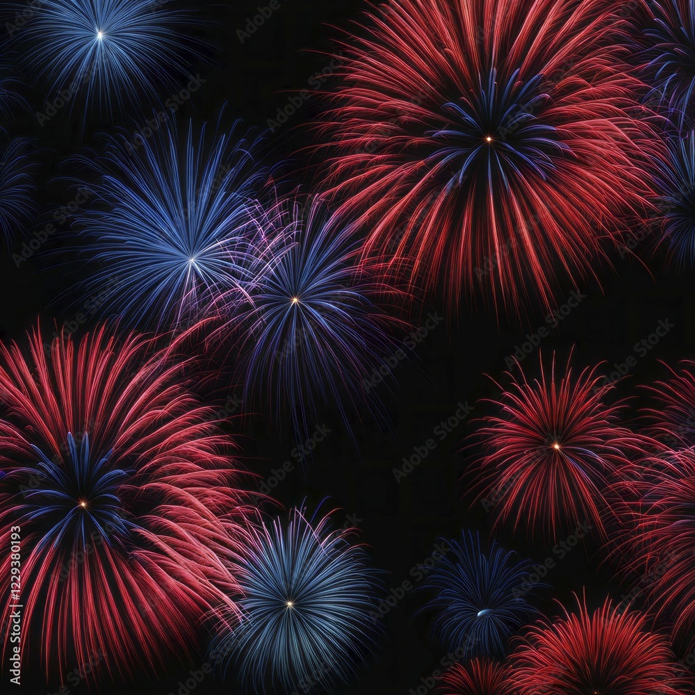 Red and blue fireworks bursting against a dark backdrop, creating a vibrant and celebratory atmosphere, AI generated Red and blue fireworks bursting against a dark backdrop, creating a vibrant and celebratory atmosphere, AI generated