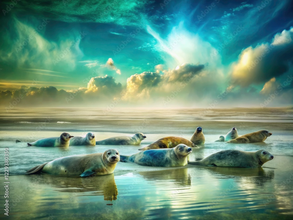 Fototapeta premium Double exposure reveals playful seals intertwined with Wadden Sea's textured sandbank, a breathtaking natural fusion.
