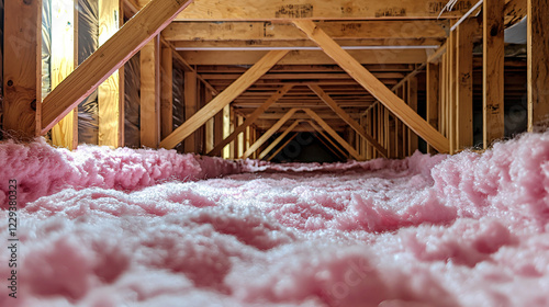A crawl space with a white vapor barrier covering the ground, wooden beams overhead, and pink insulation between the floor joists. photo