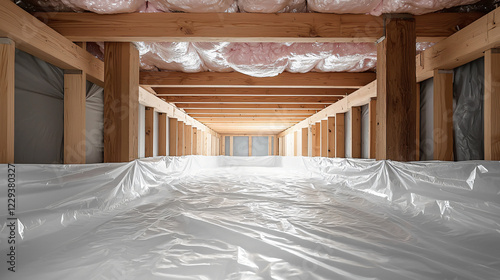 A crawl space with a white vapor barrier covering the ground, wooden beams overhead, and pink insulation between the floor joists.