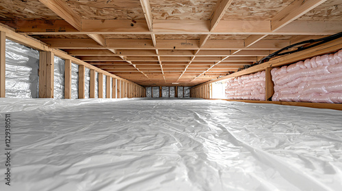 A crawl space with a white vapor barrier covering the ground, wooden beams overhead, and pink insulation between the floor joists. photo