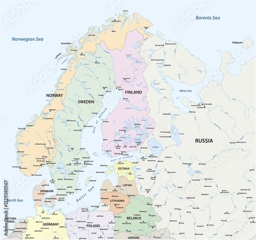 Vector map of Northern Europe with the most important cities and bodies of water