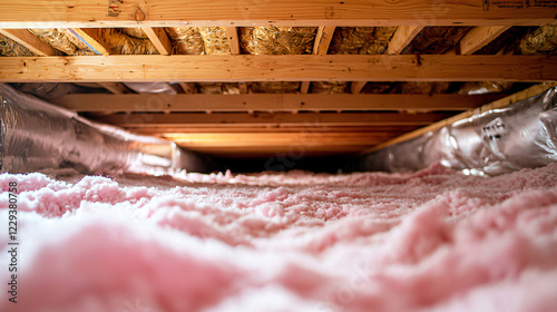 A crawl space with a white vapor barrier covering the ground, wooden beams overhead, and pink insulation between the floor joists.