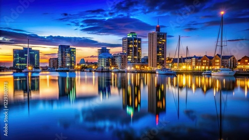 Dramatic Ipswich Waterfront silhouette at night, River Orwell framed, captivating UK city nightscape photography.