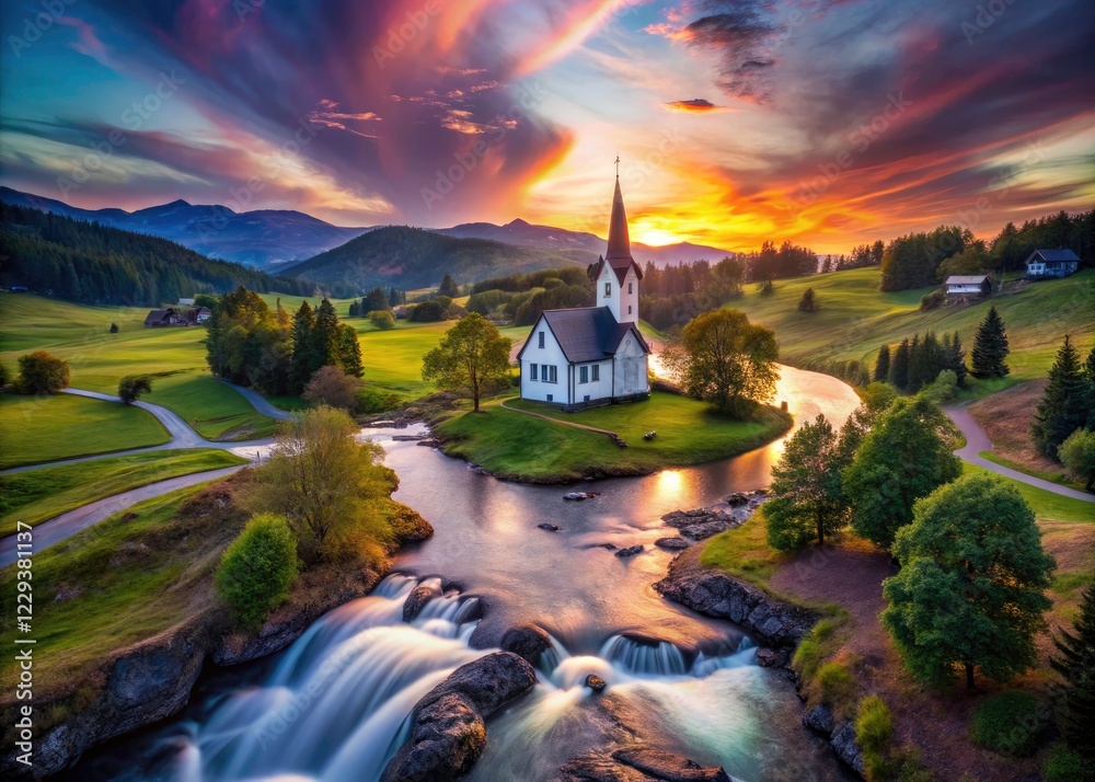 Fototapeta premium Dreamlike photography captures a surreal church nestled in the idyllic Ringebu countryside.