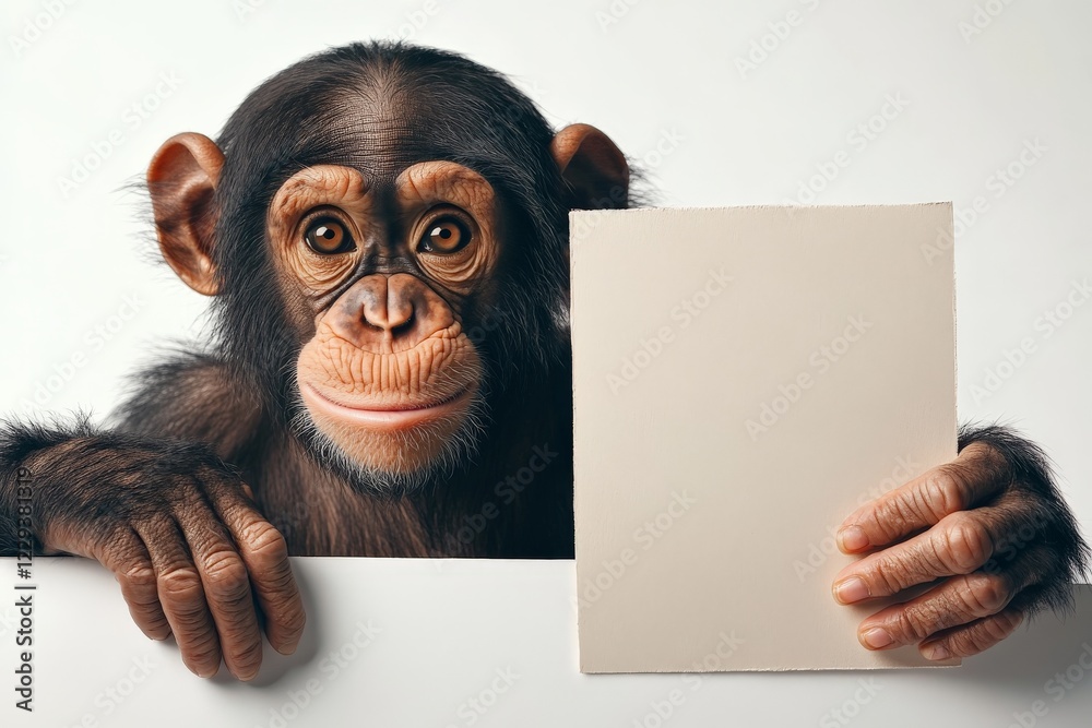 Cute young monkey holding a blank piece of paper with an inquisitive expression in a studio setting during daylight Cute young monkey holding a blank piece of paper with an inquisitive expression in a studio setting during daylight