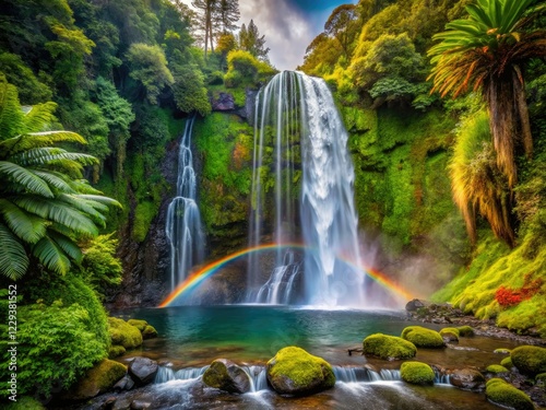 Rainbow Falls' vibrant heart: macro view of glistening water droplets clinging to lush moss and fern.